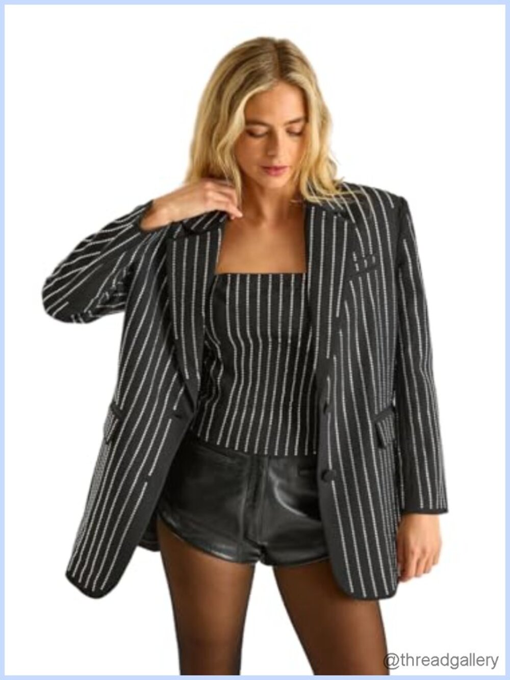 Oversized Diamante Pinstripe Blazer Structured Shoulders Single Button